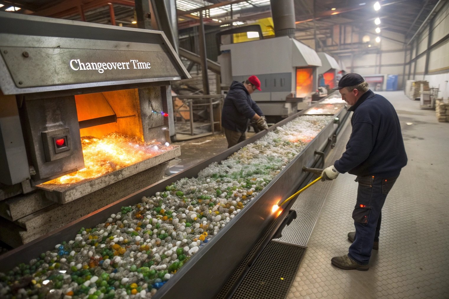 Workers monitoring colorful glass cullet conveyor feeding high temperature furnace for remelting