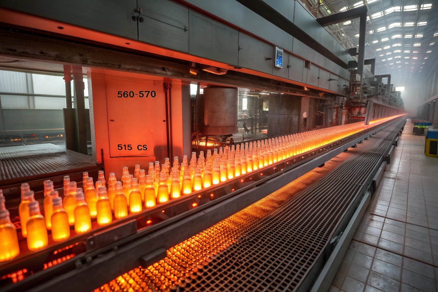 Hundreds of hot glass bottles moving through annealing lehr conveyor furnace