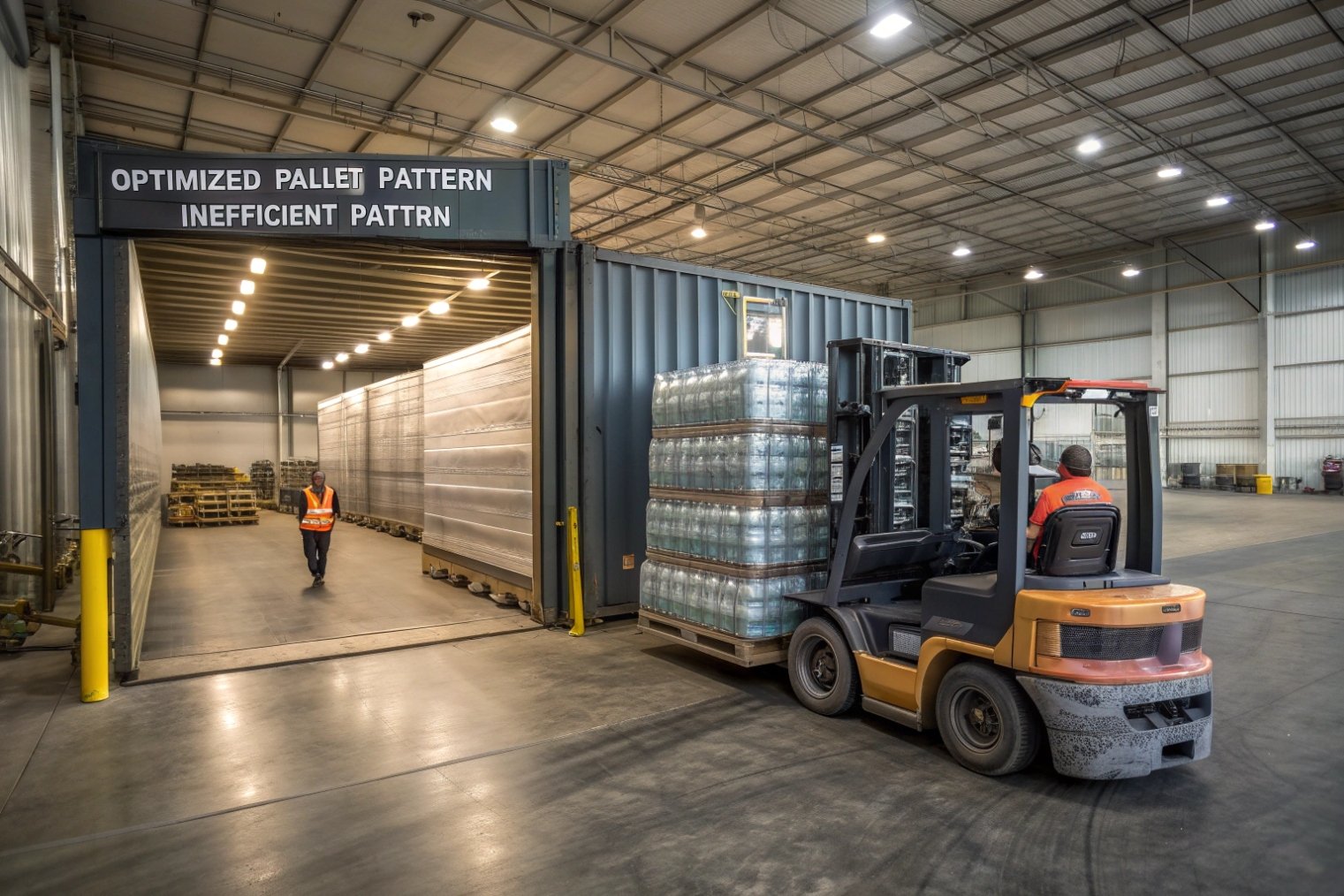 Forklift loading shrink wrapped glass bottle pallets into warehouse pallet optimization chamber