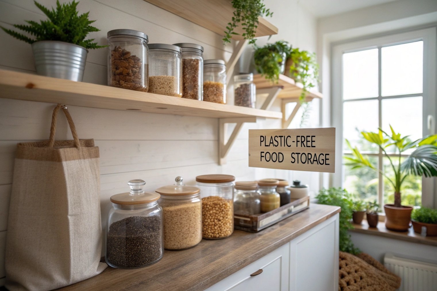 Plastic free pantry with dry foods stored in reusable glass jars and wooden shelves