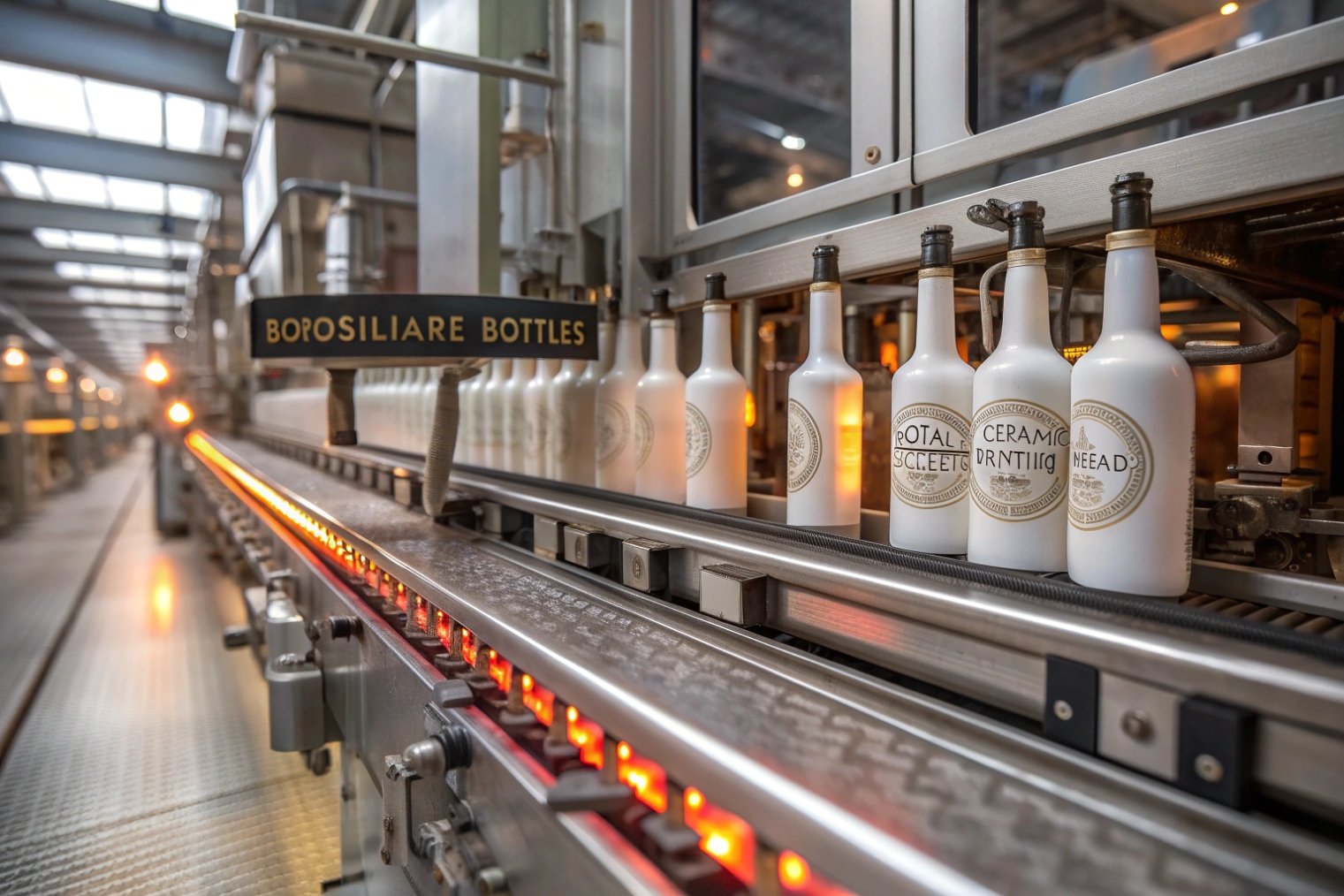 White coated borosilicate spirits bottles on automated decorating and inspection conveyor
