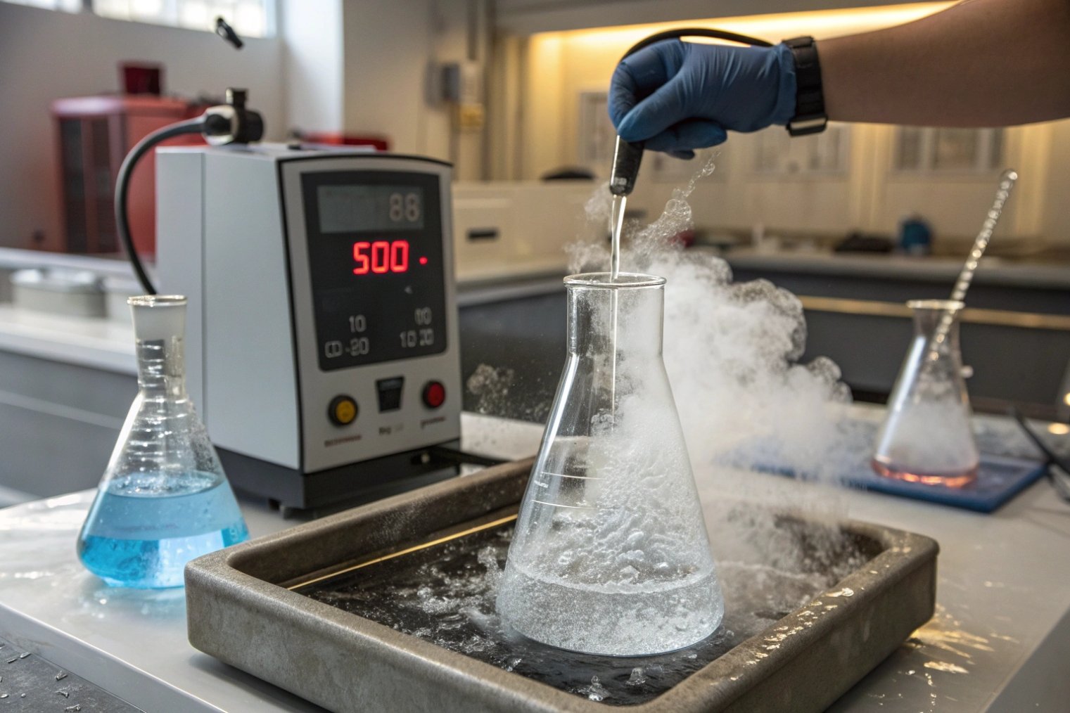 Laboratory thermal shock test on borosilicate glass Erlenmeyer flask with steaming water