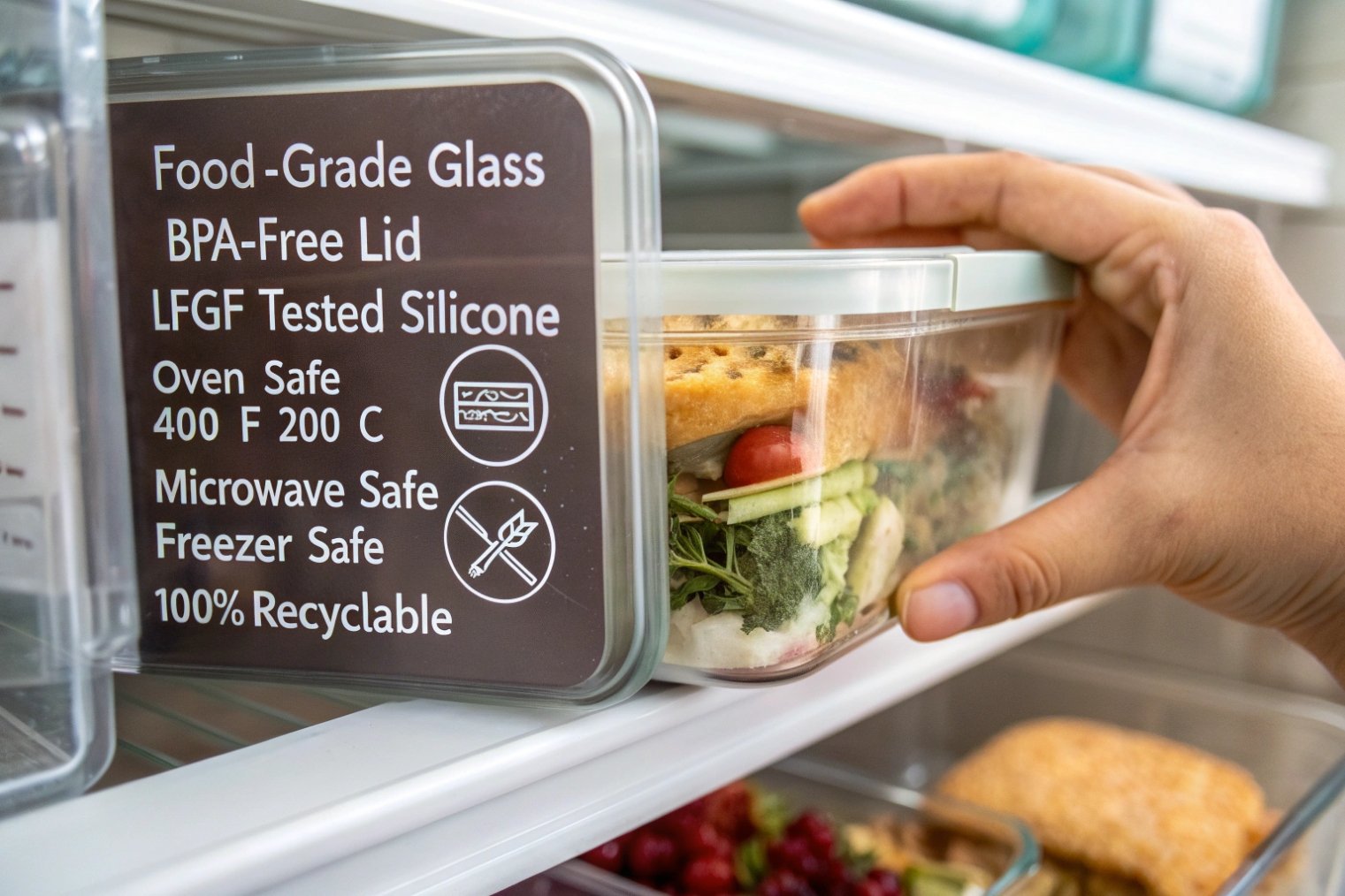 Hand placing labeled food grade glass container with sandwich and salad into fridge
