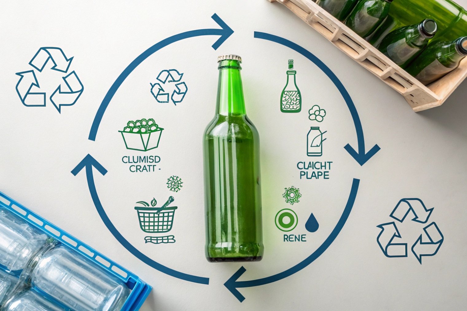 Green glass beverage bottle recycling cycle concept for sustainable packaging